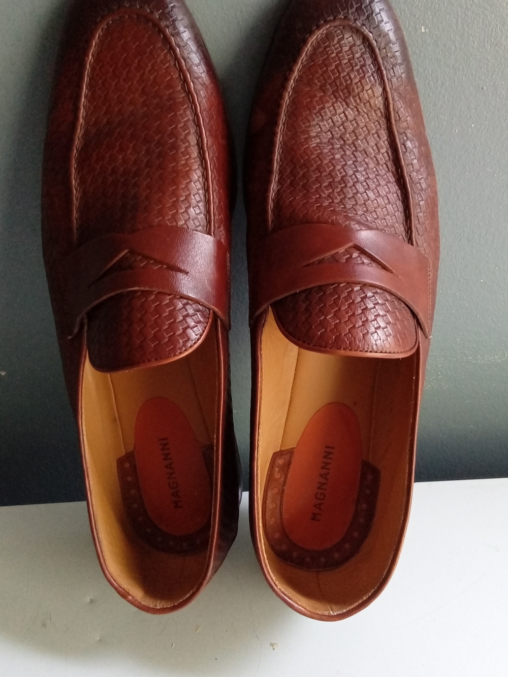 Magnanni Mens Cognac Brown Woven Leather Penny Loafers Made in‎ Spain Size 12
